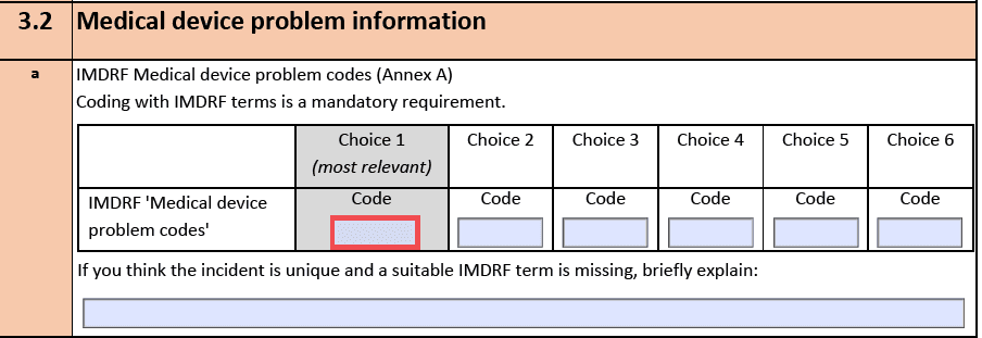 Screenshot eines Medical Device Incident Reports, der u.a. für die Beschreibung des Problems Codes des IMDRF verlangt