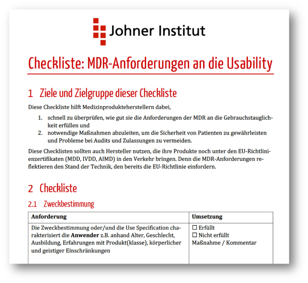 Screenshot der Checkliste zu den Anforderungen der MDR an die Gebrauchstauglichkeit (Usability)