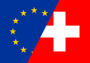 Abbildung zeigt die Flaggen der EU und der Schweiz