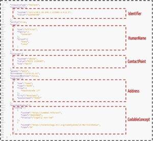 Ein Beispiel für eine Ressource im JSON-Format. Die roten Kästchen markieren Attribut-Werte, die einen eigenen Datentyp repräsentieren.